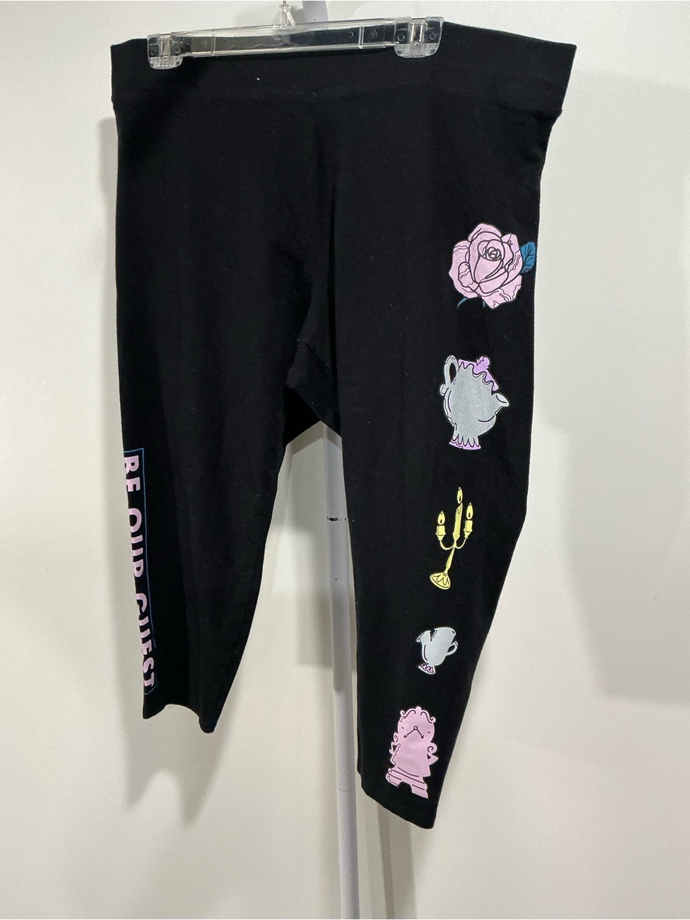 Beauty and the Beast Black Capri Leggings with Be Our Guest Motifs